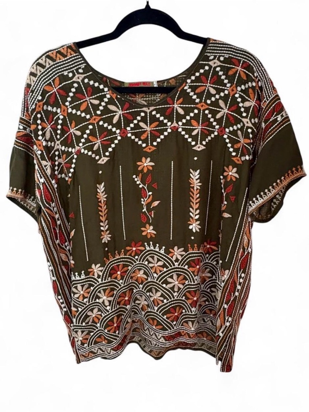 Johnny Was Olive Embroidered Floral Boxy Blouse with Orange and Cream Accents